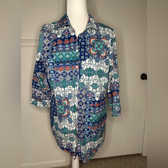S Chico's Blue and White 3/4 Sleeve Graphic Tunic size 2 or L - Picture 3 of 11